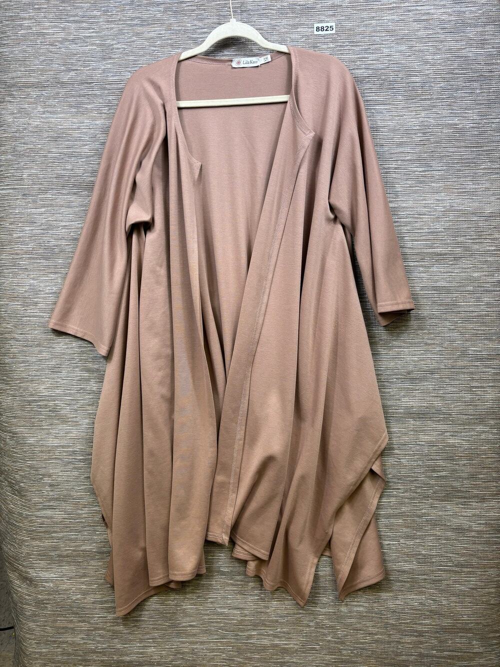 Lila Kass Cardigan Sweater Womens 12 Beige Open Front 3/4 Sleeve Drape Knit